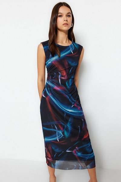 Trendyol Collection Multi-Colored Printed and Ruffle Detailed Midi Lined Tulle Stretchy Knitted Dress TWOSS23EL00808