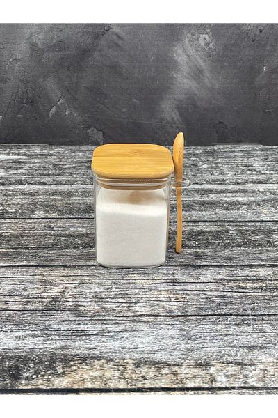 YzHome Square Glass Storage Container with Bamboo Lid and Spoon 8*10cm