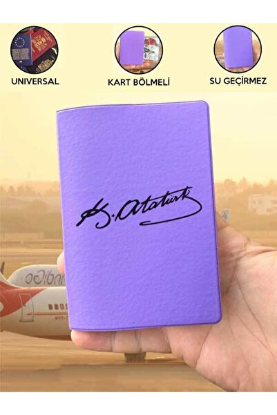 Cekuonline Ataturk Signature Purple Vinlex Passport Cover Case Compatible with All Country Passports