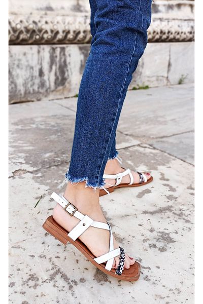 GDT Ayakkabı Genuine Leather White Color Strappy Women's Sandals