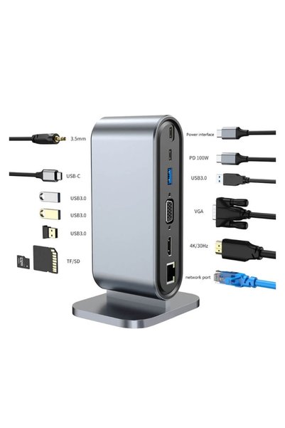 WOZLO Type-c To Hdmi 4k@30hz, Vga 4xusb3.0, Rj45 Ethernet, Kart Okuyucu, Pd 100w, 3.5mm Ses Çevirici Kablo