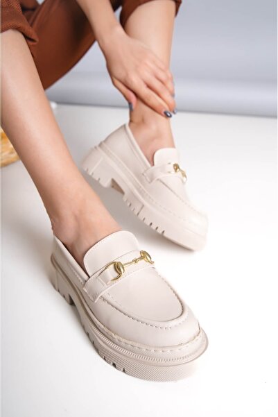 DURUNUN BUTİĞİ Лофер бежевий з золотистою пряжкою Шкіряний Лофер Жіноче взуття для щоденного використання