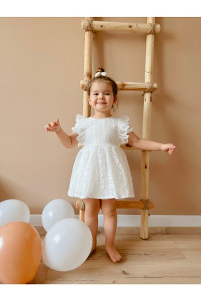 Magu Girl's Cotton Lined Ecru Lace Detailed Dress
