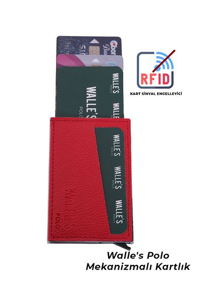 Walle's Polo Lavinia Leather Red Unisex Rfid Protected Automatic Aluminum Mechanism Card Holder