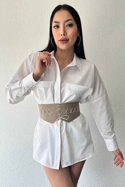 LİA KEMER Kadın Lastikli Korse Bağcıklı Gümüş Aksesuarlı Elastik Kemer Elbise...