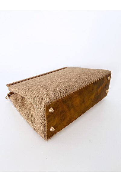 HEYBE'S Women's Wooden Detailed Jute Straw Clutch Handbag