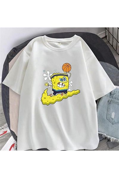 Touz Sponge Bob Square Shorts Printed White Unisex Oversize T-shirt