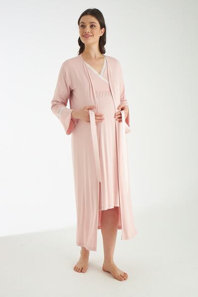 Miss Dünya Lissa Pudra Dantel Detaylı Hamile Ve Lohusa Gecelik Takımı