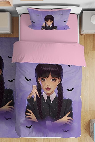 EVPANYA Mor Yarasalı Wednesday Addams Desenli Tek Kişilik Bebek Çocuk Nevresi...