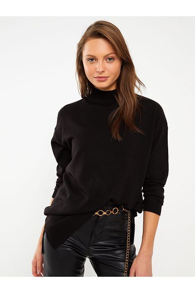 LC Waikiki Women's Knitwear Tunic - Stand Collar, Solid Long Sleeve