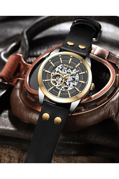 Reward Automatic Leather Cord Men's Wrist Watch with Bracelet Gift