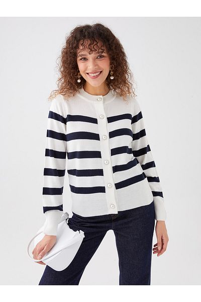 LC Waikiki Striped Crew Neck Long Sleeve Women's Knitwear Cardigan