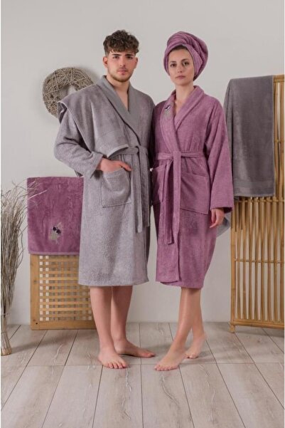 Cotton Box Bambu 3d Nakışlı Aile Bornoz Seti Violet Mürdüm-gri