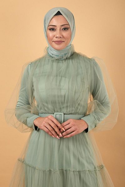 Modamihram Вечерна рокля от тюл с колан Mint 12217