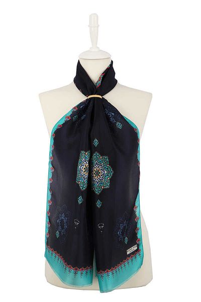 Bursa İpek Green Navy Blue Belly Voile Silk Scarf