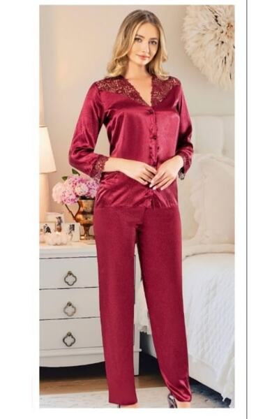 Carmella Set de pijamale de cămașă de noapte din satin pentru femei, 6 piese, roșu claret
