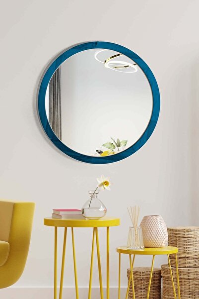 Resmo Doğal Ağaç Masif 45cm Mavi Çerçeveli Antre Koridor Duvar Salon Banyo Ofis Çocuk Yatak Odası Ayna