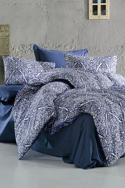 Evlen Home Collection طقم غطاء لحاف قطن إيلينا مزدوج (4 قطع) أزرق