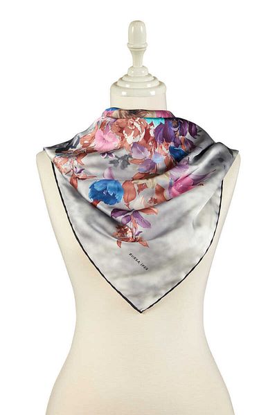 Bursa İpek Gray Bouquet Pattern Silky Scarf