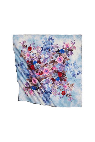 Bursa İpek Blue Bouquet Pattern Silky Scarf