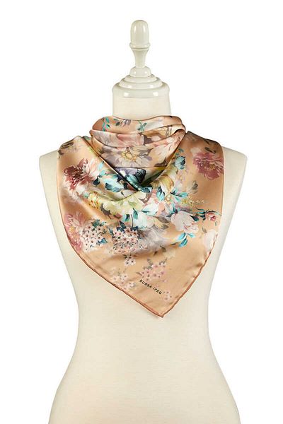 Bursa İpek Tan Four Flower Pattern Silky Scarf
