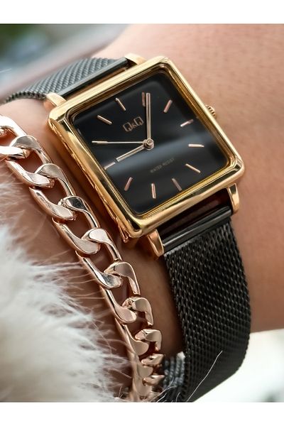 Q&Q Brand Steel Strap, Waterproof, Rose Color Square Women's Wristwatch + bracelet