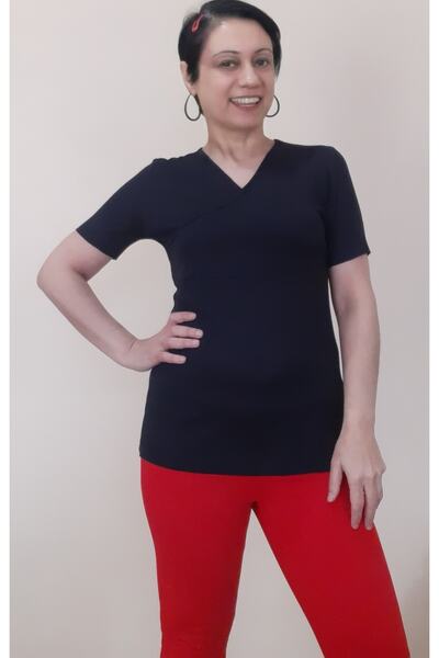 Mertcan Butik Μαύρο μπλουζάκι με διπλό στήθος από βαμβακερή βισκόζη