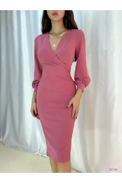 RESTUŞKA فستان نسائي متوسط الطول بياقة مزدوجة الصدر وأكمام بالون