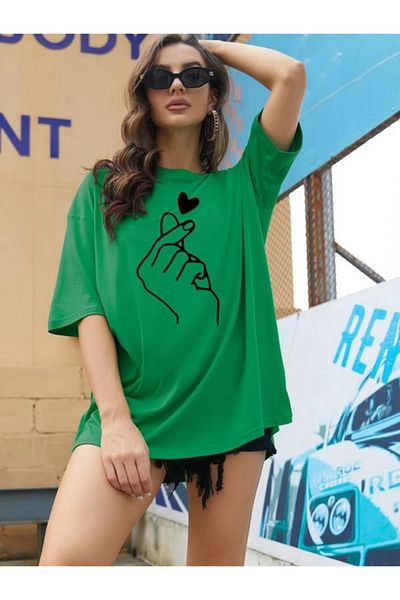 trendgar Μπλουζάκι Oversize με Πράσινη Καρδιά