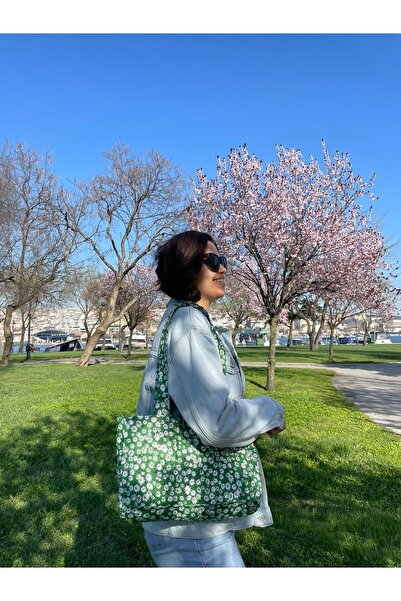 Kahvemavii Benetton Yeşili Papatya Desenli Bez Çanta