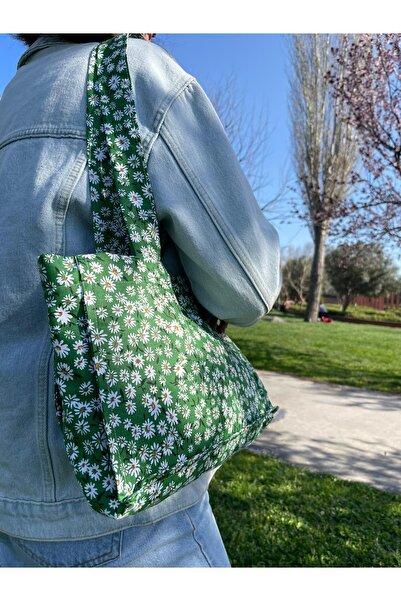 Kahvemavii Benetton Yeşili Papatya Desenli Bez Çanta