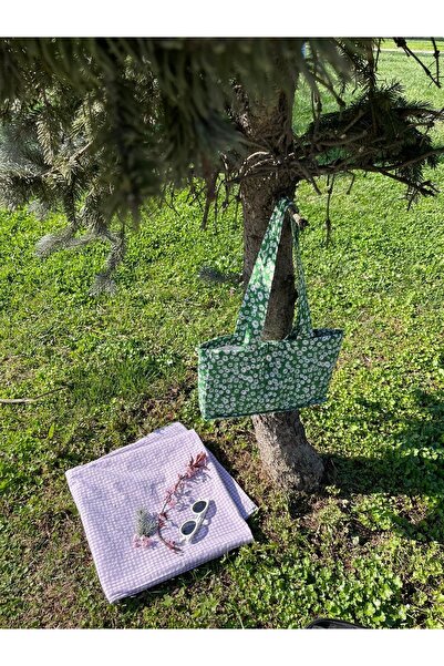 Kahvemavii Benetton Yeşili Papatya Desenli Bez Çanta