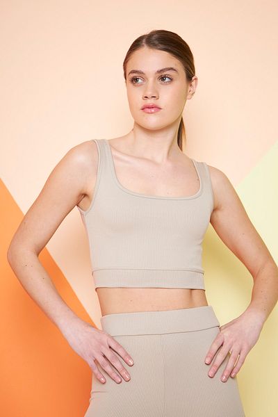 THIFF GYMWEAR Μπεζ κορδόνι τετράγωνο γιακά ελαστικό πλεκτό Crop Bustier εσώρουχο