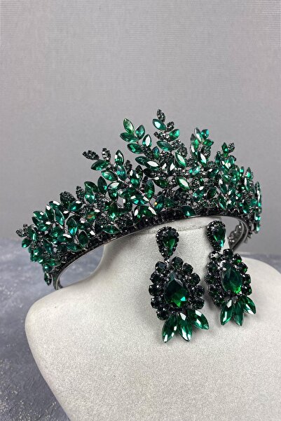 GELD Set de coroană de mireasă 3D și cercei cu trei pietre Sezen pentru femei...