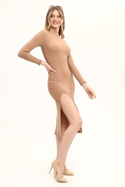 KİM Kİ O Women's Light Brown Colored Half Fisherman Dress with One Side Slit