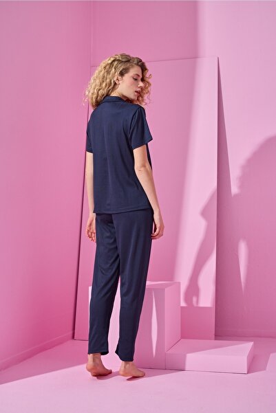 MEBA Women's Front Buttoned Short Sleeve Pegasus Navy Blue Pajama Set