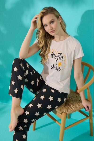 MEBA Women's Short Sleeve Bottom Long Printed Pajama Set 7416