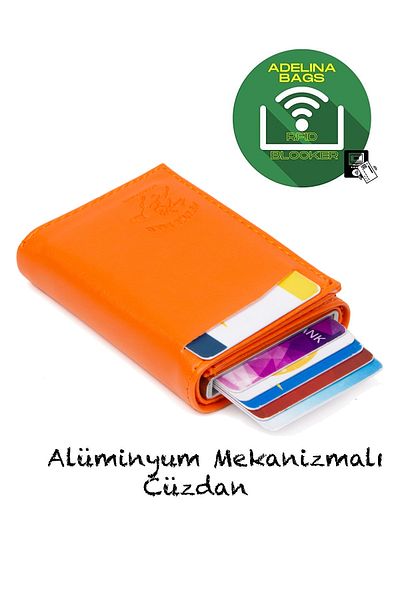 Newish Adelina Orange Nova Leather Mechanism Automatic Slide Card Holder Wallet