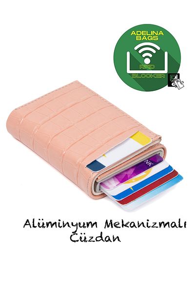 Newish Adelina Powder Crocodile Pattern Μηχανισμός Αυτόματη θήκη κάρτας ολίσθησης Πορτοφόλι Θήκη για κάρτες κροκόδειλου