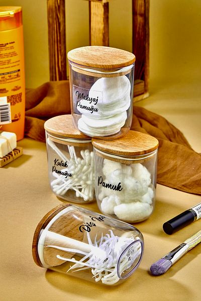 FBZhome 4 bucăți din bumbac pentru urechi cu capac din lemn și bumbac și machiaj Cutie de depozitare pentru bumbac și ață dentară/organizator 400 ml