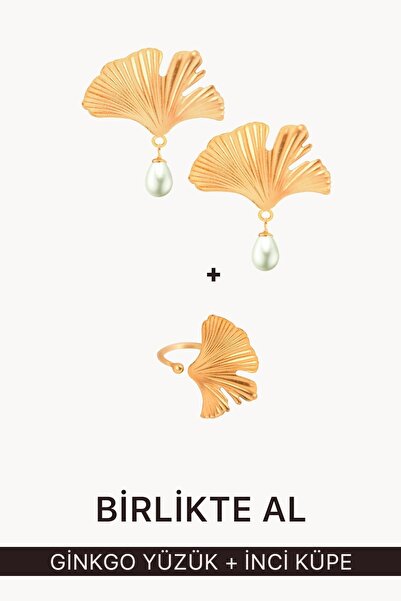 Stelart Ginkgo Küpe Yüzük Seti Altın Kaplama Doğal Taşlı