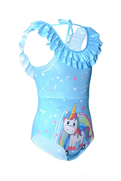 Rs Ramuni Kız Çocuk Mayo Mavi Unicorn Desenli Dijital Baskılı Deniz Havuz Mayosu