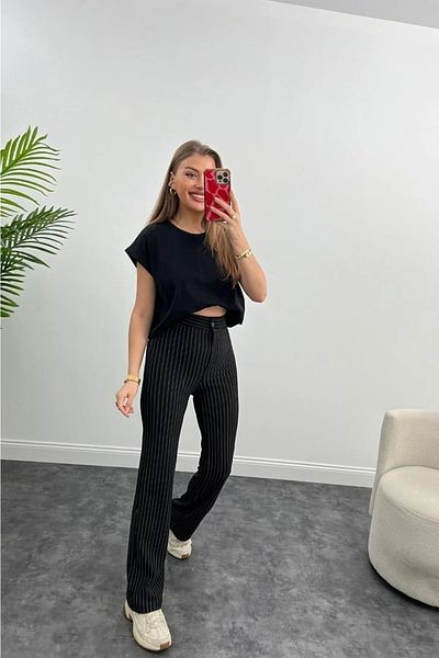 HARMONY GLOBAL High Waist Quality Crepe Fabric Lycra Palazzo Striped Trousers Black