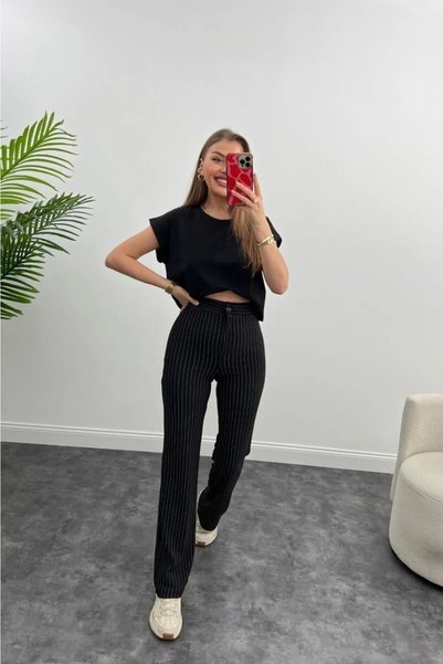 HARMONY GLOBAL High Waist Quality Crepe Fabric Lycra Palazzo Striped Trousers Black