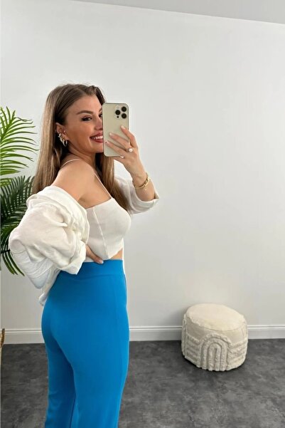 HARMONY GLOBAL Stitched Quality Crepe Fabric Lycra Loose Trousers Turquoise