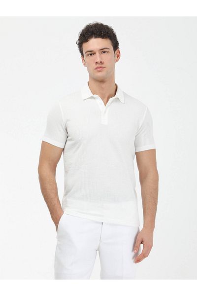 Kip Tricou alb cu gât polo jacquard 100% bumbac