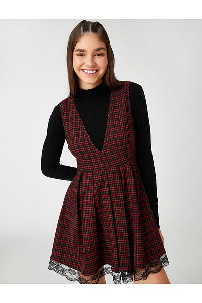 Koton Mini Salopet Dress with Gilet and Lace Detail on the Hem