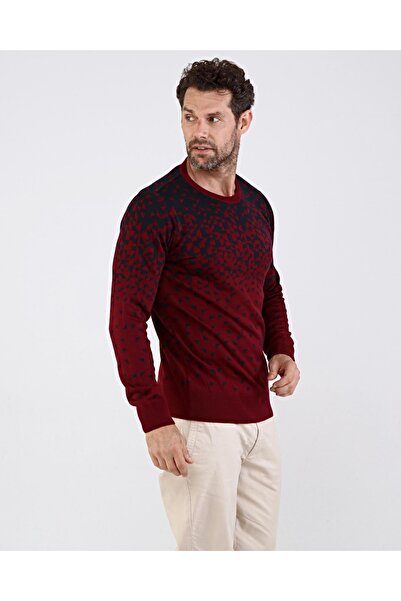 Çizgi Triko Men's Crew Neck Knitwear Claret Red Sweater Patterned Sleeve and Waist Elastic Steel Knit Classic Fit