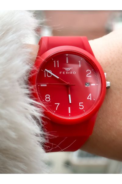 FERRO Brand Waterproof Red Silicone Band Calendar Number Men/Women Wristwatch+bracelet