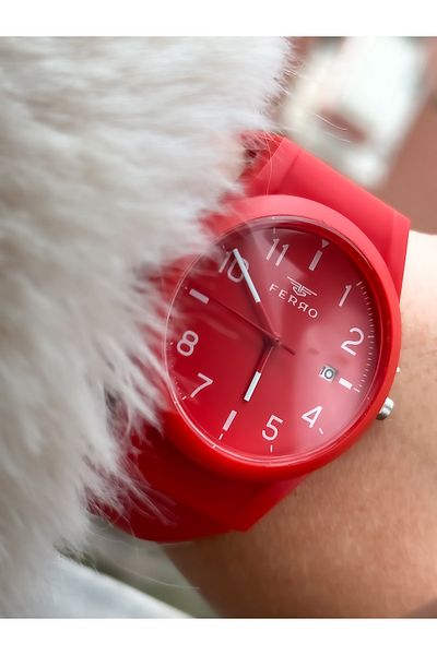 FERRO Brand Waterproof Red Silicone Band Calendar Number Men/Women Wristwatch+bracelet